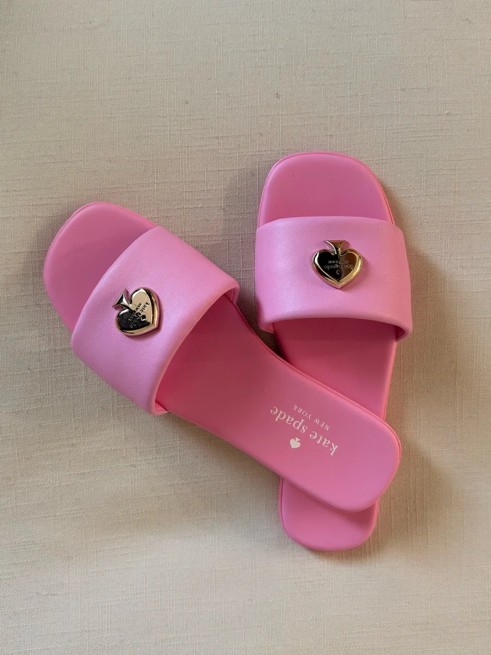 kate spade Pink Slide Sandals with Gold Heart Accent
